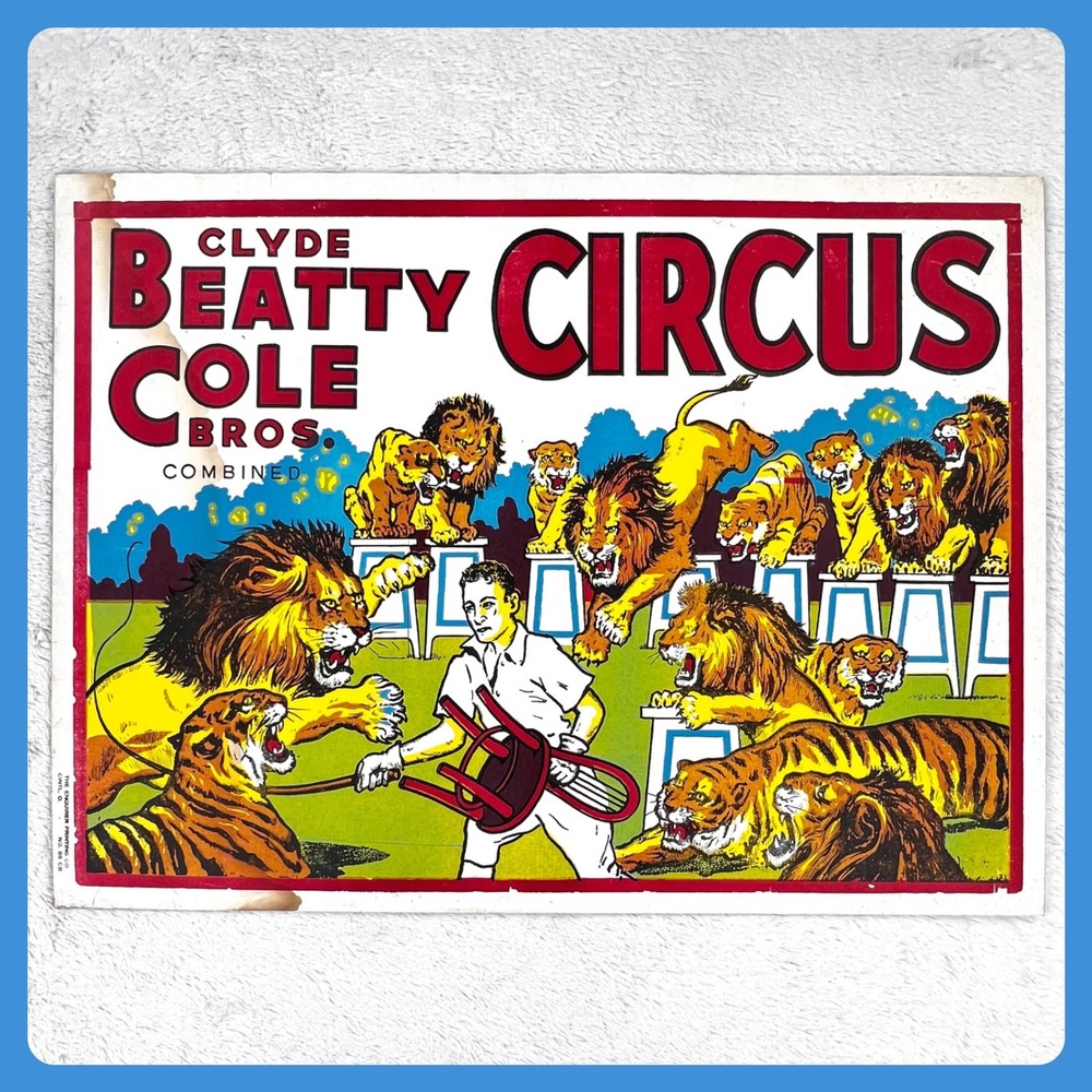 1950s Clyde Beatty Cole Bros Circus Poster‎ 28" CARDBOARD Advertising Sign Lions